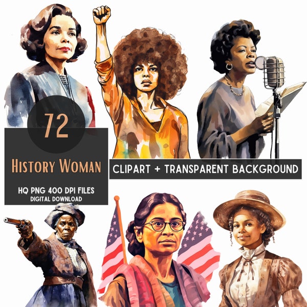 72 Watercolor Black Woman History Cliparts | Black History Month | Afro Woman | Black History American History