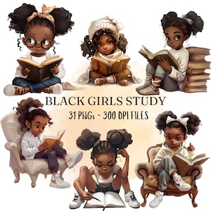 勉強している黒人の女の子の子供のクリップアート、読書、かわいい黒人の女の子、黒人の子供の png、昇華 png、クリップアート バンドル、高品質、透明な背景