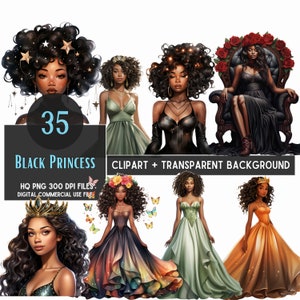 35 Watercolor Black Princess Cliparts | African American | Princesses Clipart | Png Cliparts | Cute Little Princess | Commercial Use