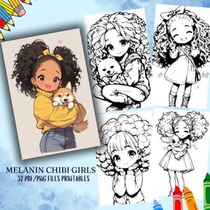 32 メラニン チビ ブラック ガール ぬりえ、ぬり絵、子供向けぬりえ、PNG および PDF、印刷可能な PDF、デジタル ダウンロード