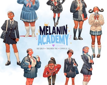 Black Anime School Girls Clipart, Melanin Academy Students PNG Bundle (Commercial Use)