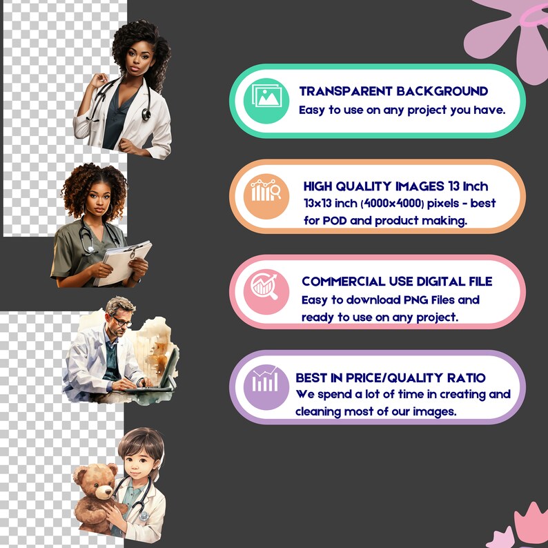 Op de afbeelding: Vier digitale illustraties van mensen in het medische veld. De illustraties zijn in cartoon-stijl en hebben een transparante achtergrond. De illustraties zijn van een arts, een verpleegkundige, een arts met een laptop en een kinderarts die een teddybeer vasthoudt. De tekst op de afbeelding luidt "Transparante achtergrond", "Hoge kwaliteit afbeeldingen 13 inch", "Commercieel gebruik van digitaal bestand" en "Beste prijs-kwaliteitverhouding".