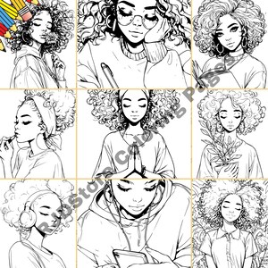 Peut inclure: Une page de coloriage num&eacute;rique pr&eacute;sentant neuf illustrations de femmes aux cheveux boucl&eacute;s. Chaque femme est repr&eacute;sent&eacute;e dans une pose et un d&eacute;cor diff&eacute;rents, comme la lecture d'un livre, la m&eacute;ditation ou l'&eacute;coute de musique.