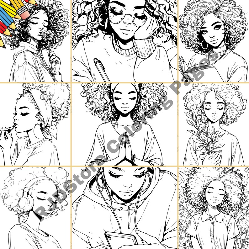 Peut inclure: Une page de coloriage num&eacute;rique pr&eacute;sentant neuf illustrations de femmes aux cheveux boucl&eacute;s. Chaque femme est repr&eacute;sent&eacute;e dans une pose et un d&eacute;cor diff&eacute;rents, comme la lecture d'un livre, la m&eacute;ditation ou l'&eacute;coute de musique.