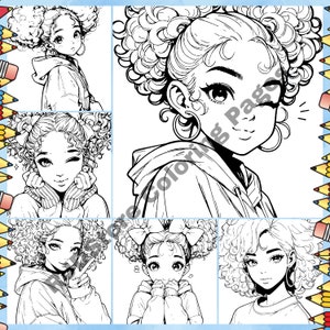 May include: A digital coloring page featuring six black and white illustrations of girls with curly hair. Each girl is wearing a hoodie and has a different hairstyle.