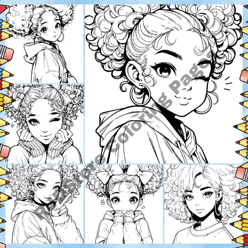 May include: A digital coloring page featuring six black and white illustrations of girls with curly hair. Each girl is wearing a hoodie and has a different hairstyle.