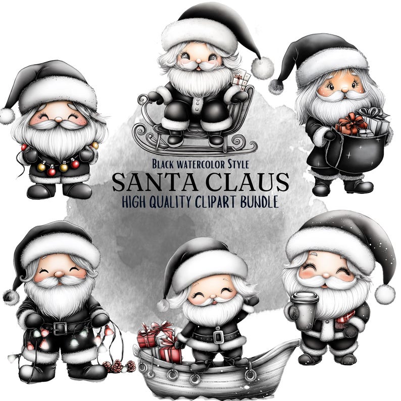 Santa Variations Cute Santa Claus Clipart | Watercolor Black Styled | Png Clipart Bundle ...