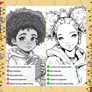 Peut inclure: Comparaison de deux pages de coloriage num&eacute;riques repr&eacute;sentant une jeune personne aux cheveux boucl&eacute;s. La page de gauche est marqu&eacute;e "Autres" et comporte une croix rouge &agrave; c&ocirc;t&eacute; des caract&eacute;ristiques "PDF et PNG", "Nettoy&eacute; et sans niveaux de gris", et "Id&eacute;al pour l'impression et la coloration num&eacute;rique". La page de droite est marqu&eacute;e "Nous" et comporte une coche verte &agrave; c&ocirc;t&eacute; des caract&eacute;ristiques "PDF et PNG", "Nettoy&eacute; et sans niveaux de gris", et "Id&eacute;al pour l'impression et la coloration num&eacute;rique". Les deux pages sont &eacute;tiquet&eacute;es "A4 (8,3 x 11,7 pouces) Pr&ecirc;t &agrave; imprimer" et "Impressions de haute qualit&eacute;".