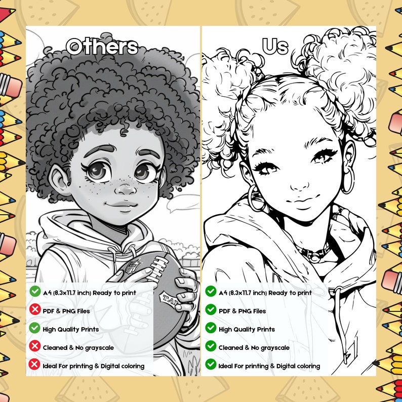 Peut inclure: Comparaison de deux pages de coloriage num&eacute;riques repr&eacute;sentant une jeune personne aux cheveux boucl&eacute;s. La page de gauche est marqu&eacute;e "Autres" et comporte une croix rouge &agrave; c&ocirc;t&eacute; des caract&eacute;ristiques "PDF et PNG", "Nettoy&eacute; et sans niveaux de gris", et "Id&eacute;al pour l'impression et la coloration num&eacute;rique". La page de droite est marqu&eacute;e "Nous" et comporte une coche verte &agrave; c&ocirc;t&eacute; des caract&eacute;ristiques "PDF et PNG", "Nettoy&eacute; et sans niveaux de gris", et "Id&eacute;al pour l'impression et la coloration num&eacute;rique". Les deux pages sont &eacute;tiquet&eacute;es "A4 (8,3 x 11,7 pouces) Pr&ecirc;t &agrave; imprimer" et "Impressions de haute qualit&eacute;".