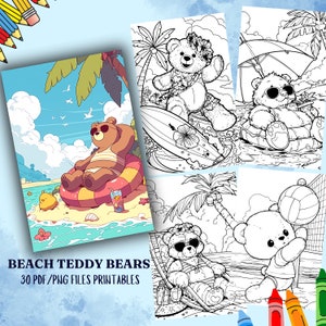 Beach Teddy Bears Coloring Book: Kawaii Coloring Pages (PNG & PDF)