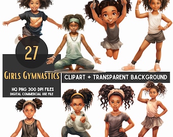 May include: A set of 27 digital clipart images featuring girls with curly hair in various gymnastics poses. The girls are wearing different outfits and have different hairstyles. The images are on a transparent background.