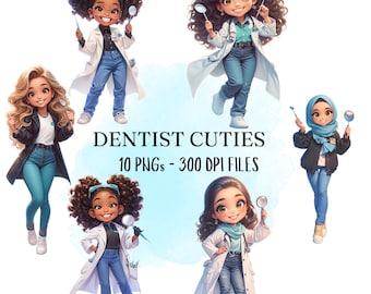 May include: A set of 10 digital illustrations of cute cartoon dentists. Each dentist is wearing a white lab coat and blue jeans. The dentists are holding dental tools and have different hairstyles and skin tones. The text "Dentist Cuties 10 PNGs - 300 DPI Files" is displayed on a blue background.