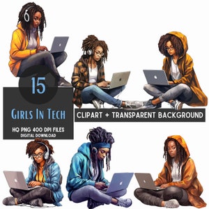 15 schwarze Mädchen in der Technologie, schwarzes Mädchen png, Mädchen in der Technologie, Mädchen tech, Afro amerikanisch, 300 DPI, transparenter Hintergrund
