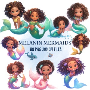 Fille noire sirène Png, Clipart sirène, sirènes, jolies filles noires, fichiers Png, ensemble de cliparts, téléchargement numérique