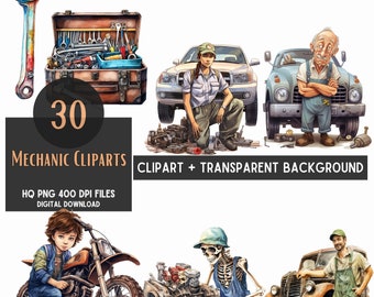 Mechanic Watercolor Clipart Bundle: Car Repair PNG Files (Digital Download)