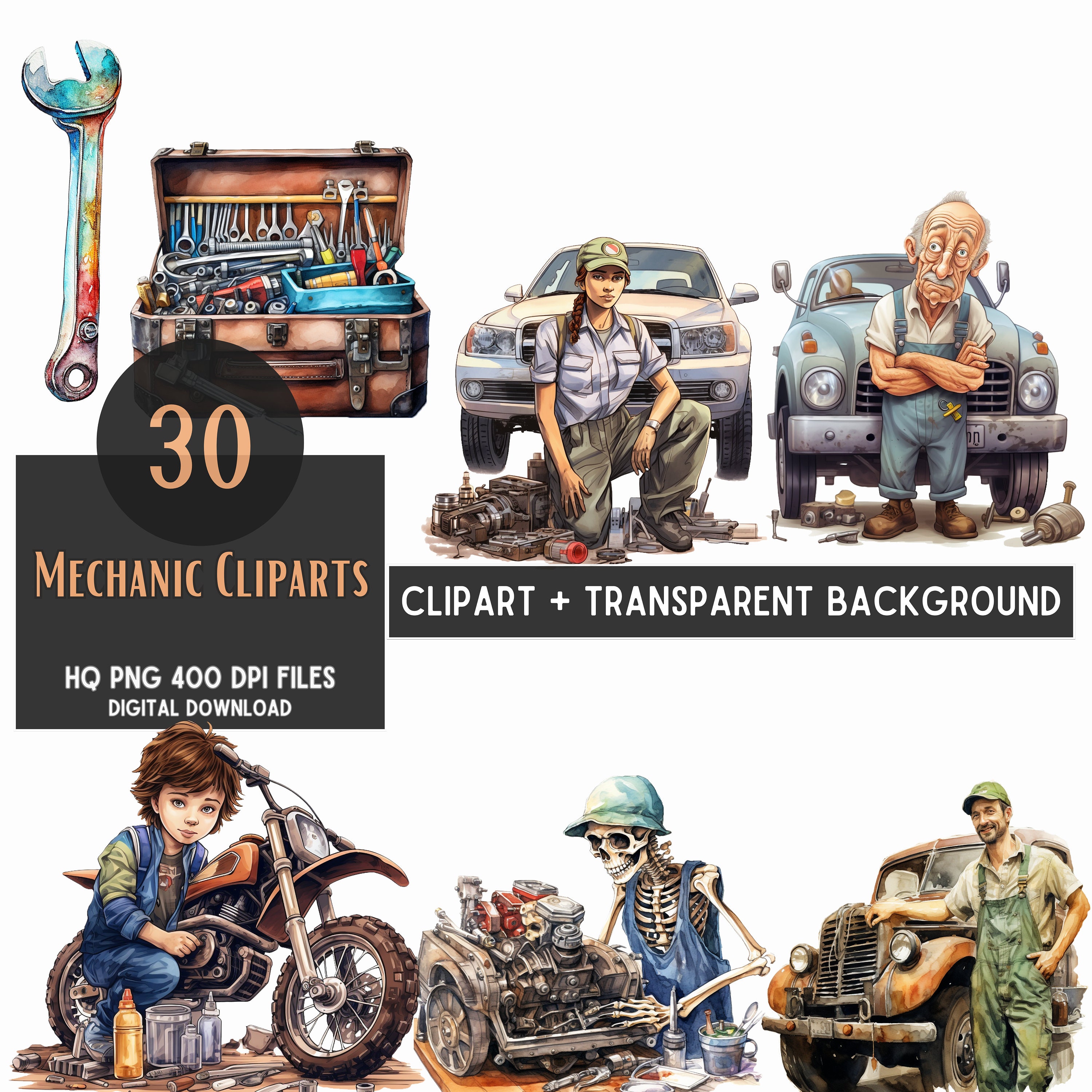 Mechanic Watercolor Clipart Bundle: Car Repair PNG Files (digital Download)  - Etsy, image size:3000x3000