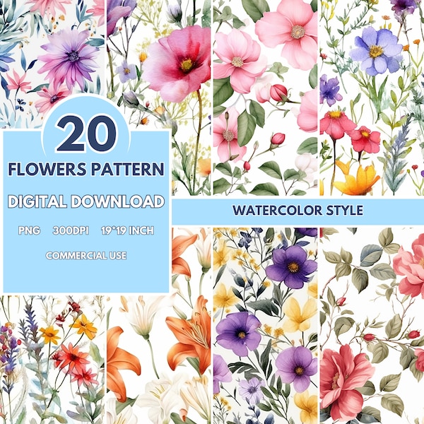 20 Seamless Floral Pattern, seamless pattern PNG, Flower Pattern Digital Download, Digital Pattern, Commercial Use, 300 DPI, High Quality,