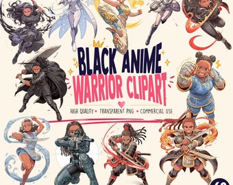 Black Anime Warrior Girls Clipart Bundle, Dark Skin Action PNG