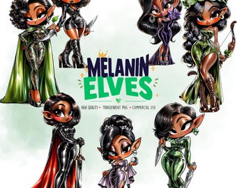 Black Elf Clipart Bundle: Melanin Fantasy Elves PNG (Commercial Use)