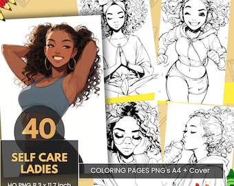 黒人女性のセルフケアと自己愛の塗り絵、塗り絵ページ、塗り絵シート、デジタルダウンロード、PDF と PNG、印刷可能、デジタル