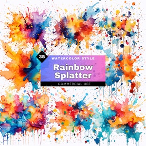 35 Watercolor Rainbow Splatter PNG Clipart: Commercial Use (Digital Download)
