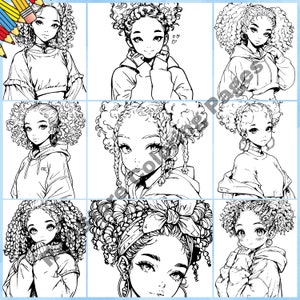 May include: Nine black and white line drawings of women with curly hair. Each woman is wearing a different outfit, including a hoodie, a jacket, and a sweater. The drawings are in a cartoon style.