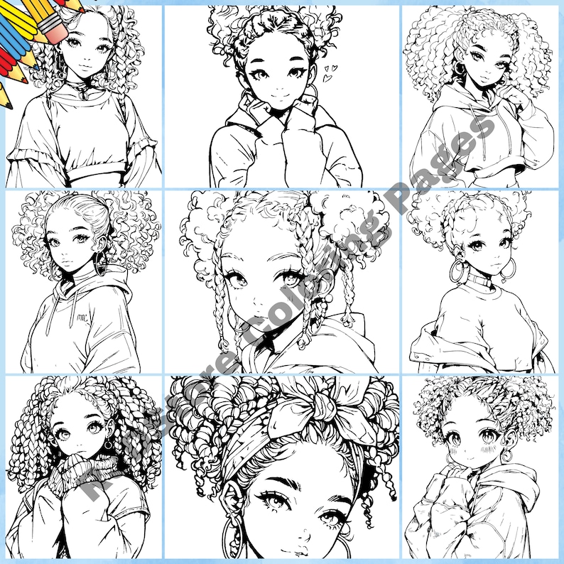 May include: Nine black and white line drawings of women with curly hair. Each woman is wearing a different outfit, including a hoodie, a jacket, and a sweater. The drawings are in a cartoon style.