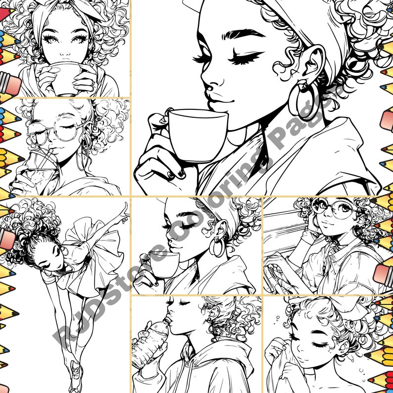 Peut inclure: Une page &agrave; colorier pr&eacute;sentant neuf illustrations en noir et blanc de femmes aux cheveux boucl&eacute;s. Chaque femme est repr&eacute;sent&eacute;e dans une pose diff&eacute;rente, certaines tenant une tasse de caf&eacute;, une bouteille d'eau ou un verre de jus. Les illustrations sont d&eacute;taill&eacute;es et complexes, ce qui les rend parfaites pour la coloration.