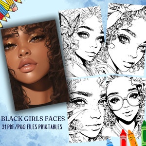 黒人の女の子の顔の大人向けぬり絵ページ、ぬり絵、ぬり絵シート、PDF と PNG、デジタルダウンロード、印刷可能な PDF とデジタル
