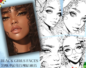 Black Girls Faces Coloring Pages: Realistic Portrait Bundle (PDF & PNG)