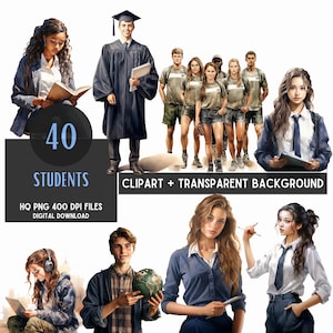 Op de afbeelding: Een digitale clipartset van 40 studenten in verschillende poses en outfits. De studenten zijn afgebeeld in aquarelstijl met een witte achtergrond. De set bevat een afgestudeerde in toga en baret, studenten in casual kleding en studenten met boeken en andere schoolbenodigdheden. De tekst "40 Students" wordt weergegeven in een blauwe cirkel op een zwarte achtergrond.