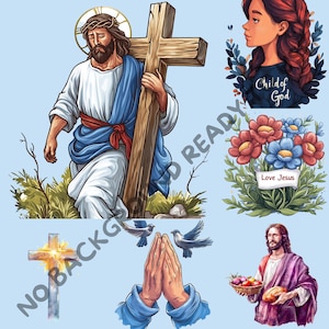 May include: A digital illustration of a man carrying a wooden cross. He is wearing a blue robe and a crown of thorns. The background is a blue sky with clouds. The image also includes a bouquet of flowers with a banner that says "Love Jesus", a woman with long brown hair and a banner that says "Child of God", a pair of hands in prayer, two birds flying, and a man holding a basket of fruit and bread.