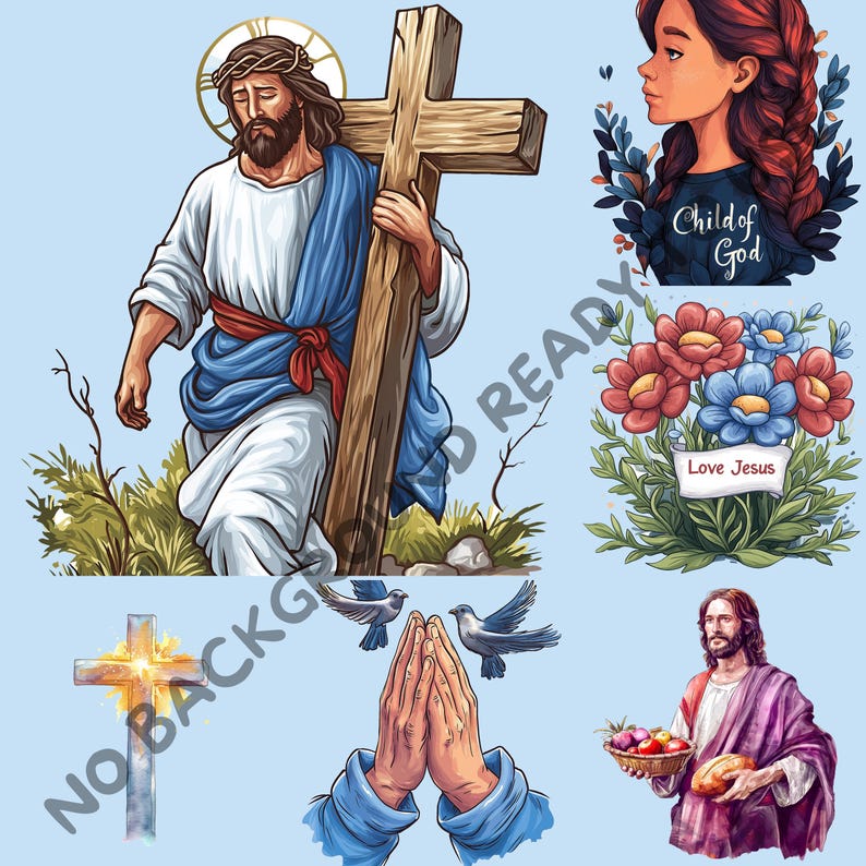 May include: A digital illustration of a man carrying a wooden cross. He is wearing a blue robe and a crown of thorns. The background is a blue sky with clouds. The image also includes a bouquet of flowers with a banner that says "Love Jesus", a woman with long brown hair and a banner that says "Child of God", a pair of hands in prayer, two birds flying, and a man holding a basket of fruit and bread.