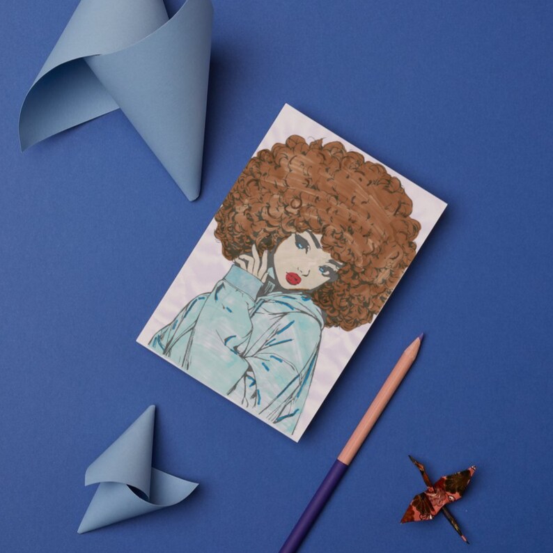 May include: A drawing of a woman with brown curly hair, wearing a light blue jacket. The woman has red lips and is looking to the side. The drawing is on a white background.