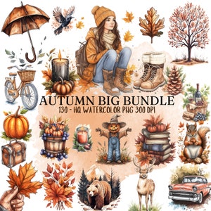 Lot de 130 cliparts automne aquarelle, animaux automnaux, nourriture, filles, garçons et plus, fichiers Png, téléchargement numérique