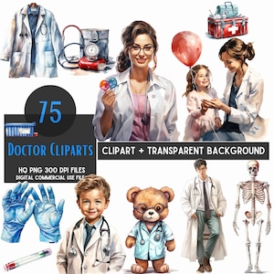 75 Watercolor Doctor Cliparts | Hospital | Female Doctors | Equipment | Png Files | Commercial Use