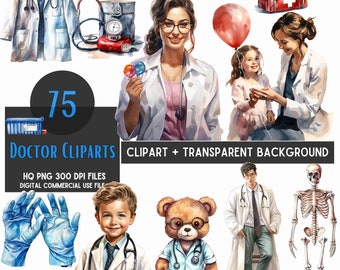 75 clipart medico acquerello / ospedale / dottoresse / attrezzature / file Png / uso commerciale