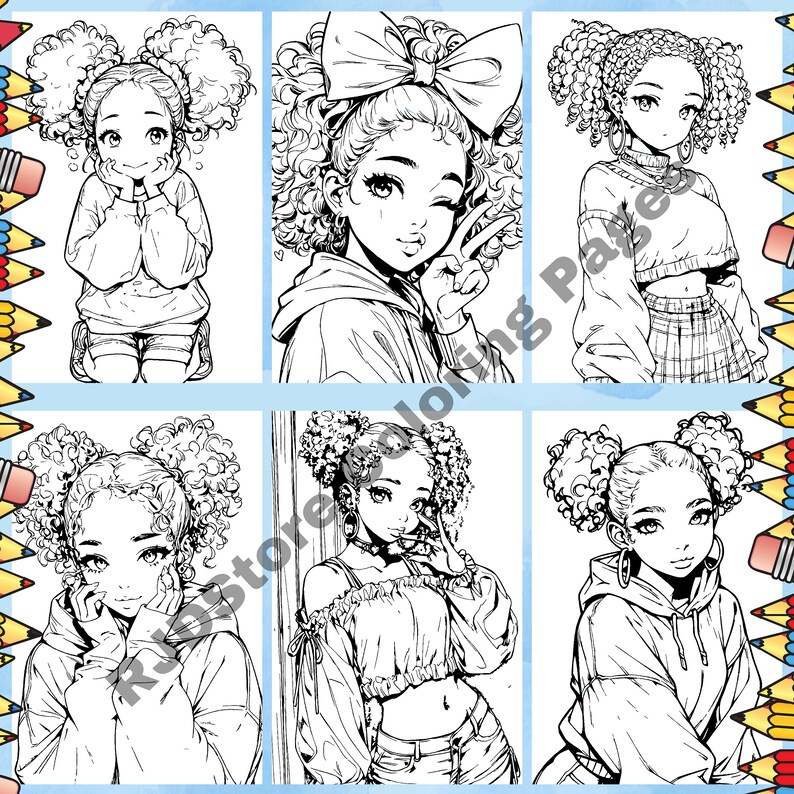 58 Kawaii Black Girls Coloring Pages (PDF & PNG Digital Download) image 6