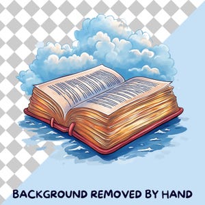 May include: An open book with yellowed pages and a red spine, floating in the clouds. The book is surrounded by fluffy white clouds.