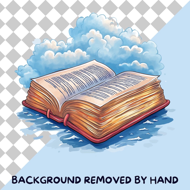 May include: An open book with yellowed pages and a red spine, floating in the clouds. The book is surrounded by fluffy white clouds.