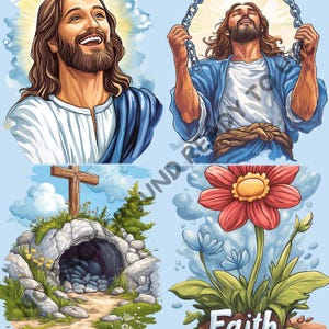 May include: A digital illustration of a religious scene with four images. The first image shows a man with long brown hair and a beard smiling. The second image shows a man with long brown hair and a beard holding a chain. The third image shows a stone tomb with a cross on top. The fourth image shows a red flower with the word "Faith" written below it.