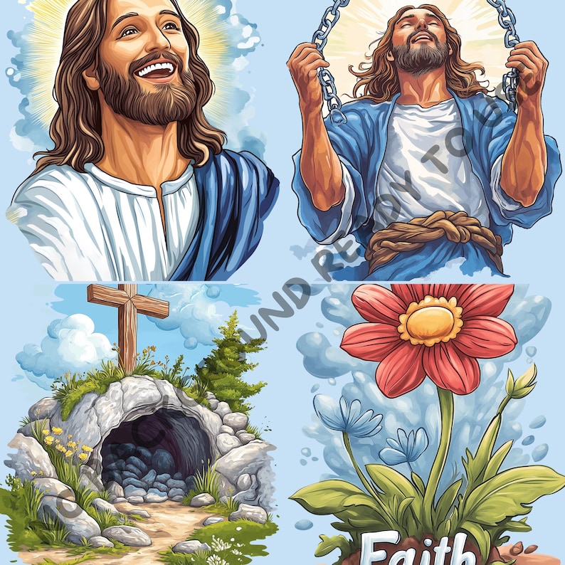 May include: A digital illustration of a religious scene with four images. The first image shows a man with long brown hair and a beard smiling. The second image shows a man with long brown hair and a beard holding a chain. The third image shows a stone tomb with a cross on top. The fourth image shows a red flower with the word "Faith" written below it.