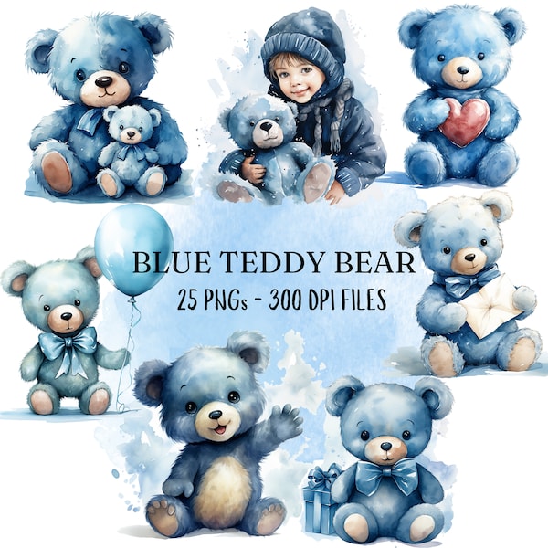 25 Watercolor Blue Teddy Bear Cliparts | Cute Baby bear | Babyshower | Png Files | Commercial Use