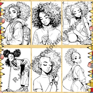 Peut inclure: Une page de coloriage repr&eacute;sentant six illustrations en noir et blanc de femmes aux cheveux boucl&eacute;s. Chaque femme est repr&eacute;sent&eacute;e dans une pose et un d&eacute;cor diff&eacute;rents, dont l'une tenant une bougie, l'une balayant, l'une tenant un sac &agrave; dos, l'une tenant un balai, l'une tenant des ciseaux et l'une tenant un sac &agrave; dos.