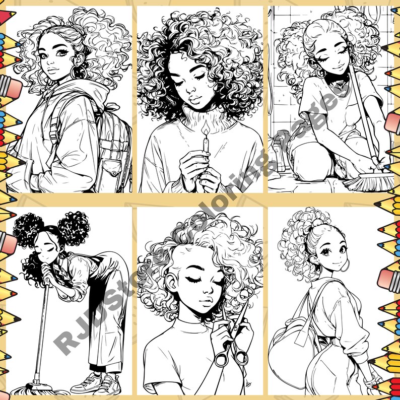 Peut inclure: Une page de coloriage repr&eacute;sentant six illustrations en noir et blanc de femmes aux cheveux boucl&eacute;s. Chaque femme est repr&eacute;sent&eacute;e dans une pose et un d&eacute;cor diff&eacute;rents, dont l'une tenant une bougie, l'une balayant, l'une tenant un sac &agrave; dos, l'une tenant un balai, l'une tenant des ciseaux et l'une tenant un sac &agrave; dos.