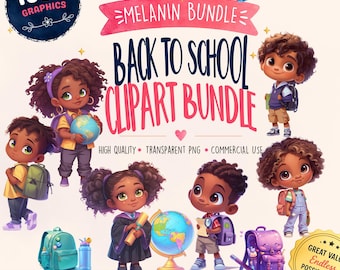 Black Kids Back to School Clipart Bundle, African American School Children and Supplies, PNG Digital Download