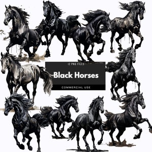 12 Black Horses Png, Horse Png, Dark Horse, Horse Design, Horse Art, Silhouette, Watercolor clipart, Png Files