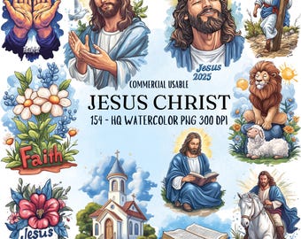 Paquete de imágenes prediseñadas de Jesús en acuarela, imágenes prediseñadas de fe, cristianas, descarga digital, uso comercial