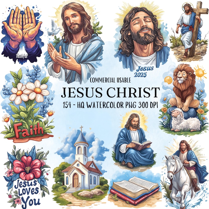 May include: A collection of watercolor illustrations featuring Jesus Christ, including images of him praying, reading the Bible, riding a horse, and walking with a cross. The illustrations also include images of a church, a lion, a lamb, and flowers. The text "Jesus Christ" and "154 - HQ Watercolor PNG 300 DPI" is included in the image.