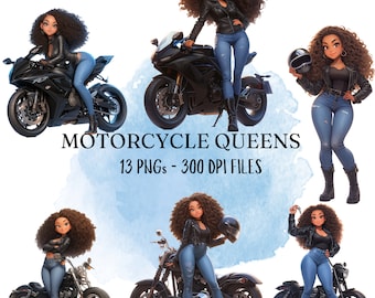 Black Girl Motorcycle Clipart Bundle, Biker Girl PNG Designs (Digital Download)
